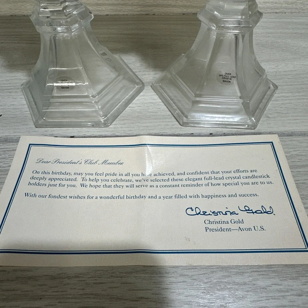 AVON‎ President's Club Happy Birthday Candle Holders 24% Lead Crystal (Set of 2)